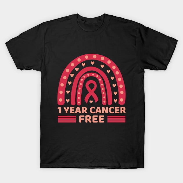 1 Year Cancer Free Cute Pink Breast Cancer Rainbow T-Shirt by Illustradise